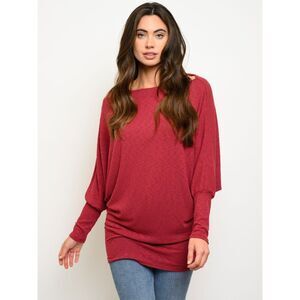 1A Burgundy Cozy Casual Solid Dolman Tunic Knit Wide Neck Top